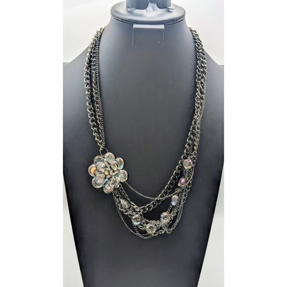 Simply Vera Wang Multi Strand Gun Metal/Black Chain Crystal Flower Necklace - Picture 7 of 8